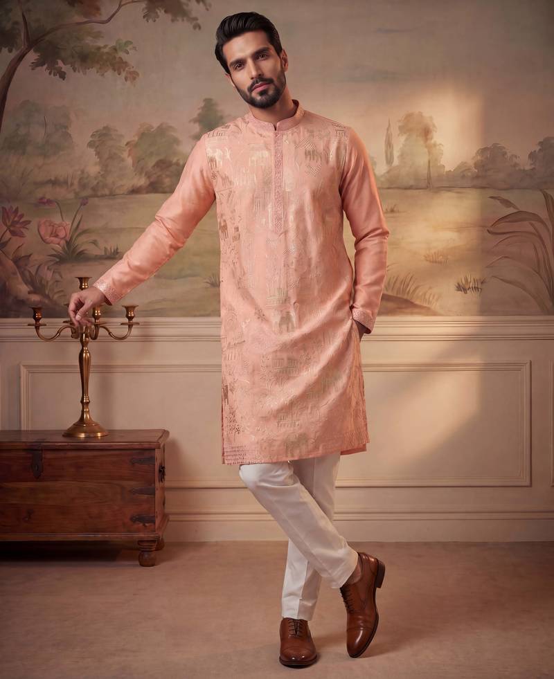 Mens orange viscose rayon solid embroidered kurta