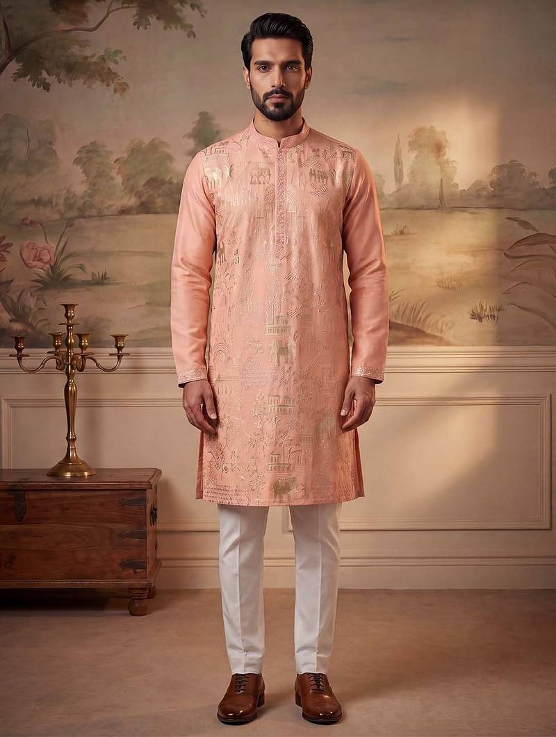 Mens orange viscose rayon solid embroidered kurta