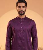 Mens purple silk blend solid embroidered kurta