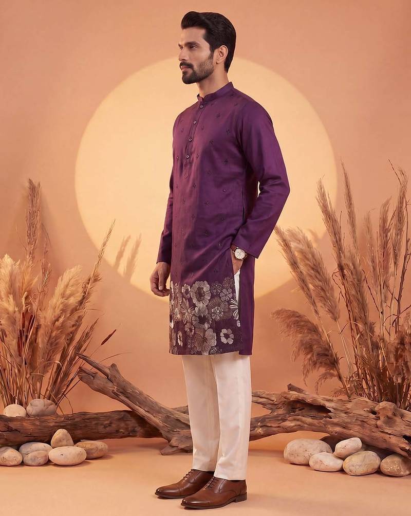 Mens purple silk blend solid embroidered kurta
