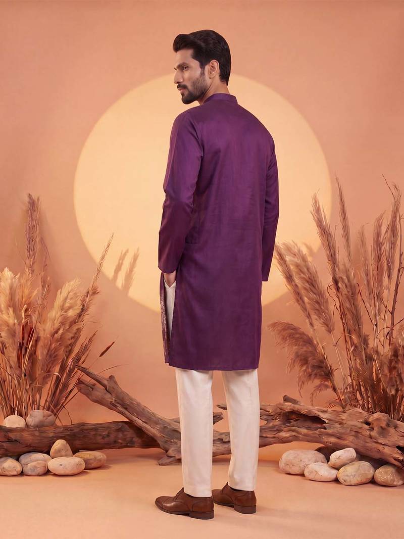 Mens purple silk blend solid embroidered kurta