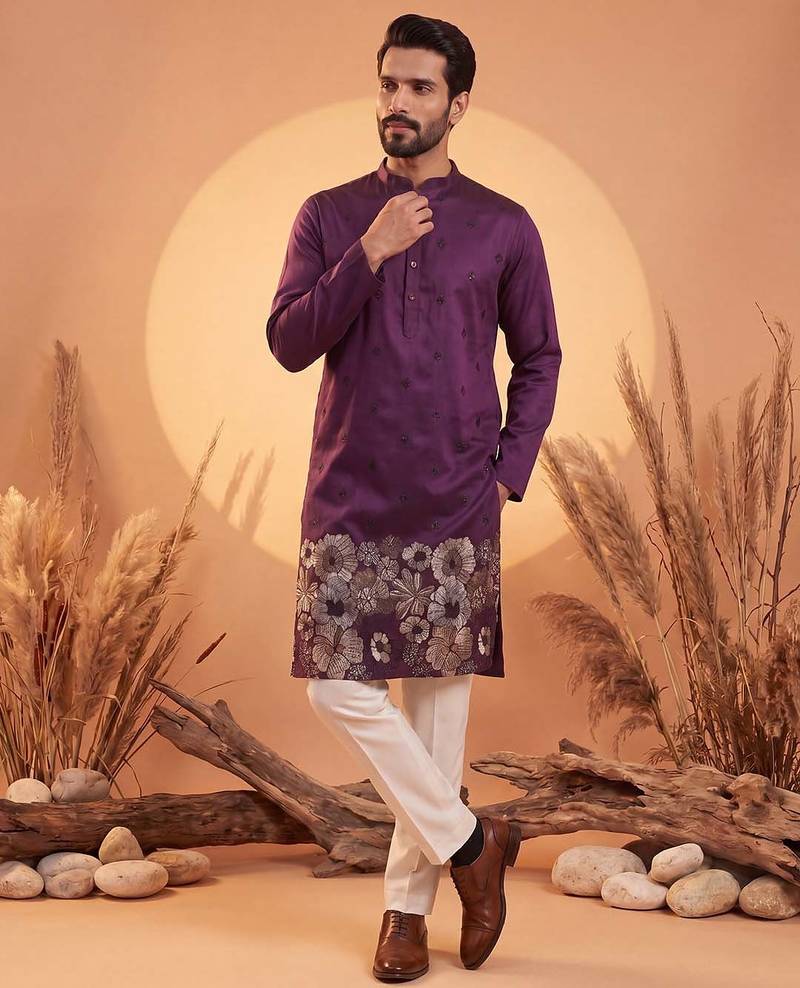 Mens purple silk blend solid embroidered kurta