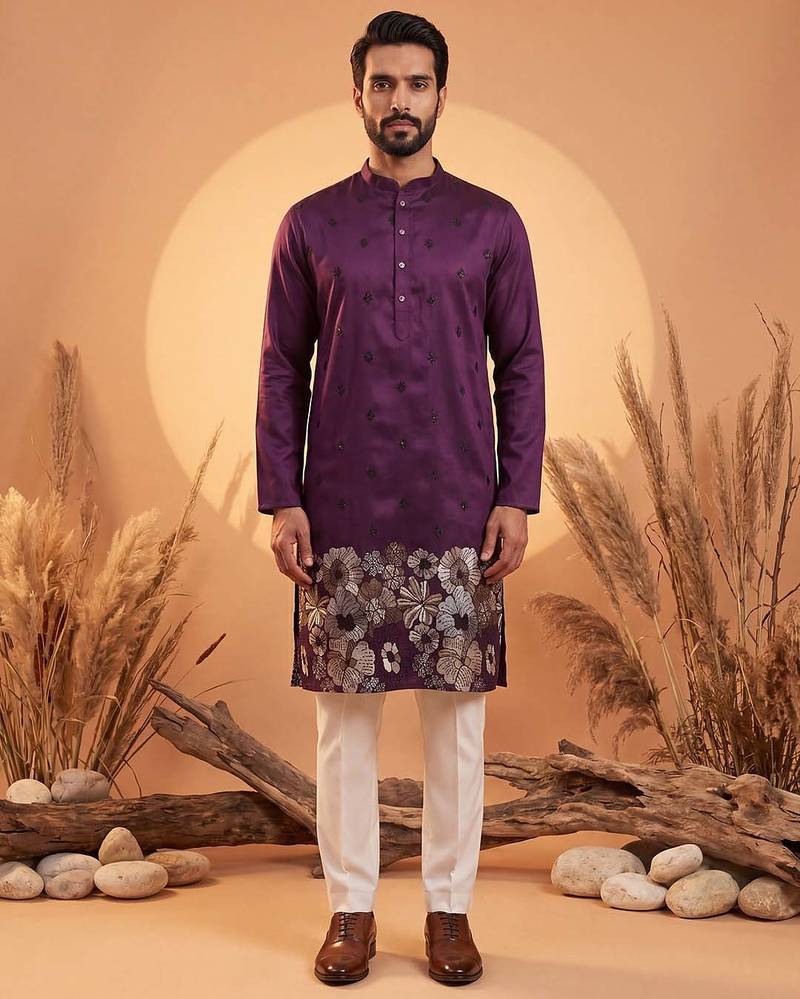 Mens purple silk blend solid embroidered kurta