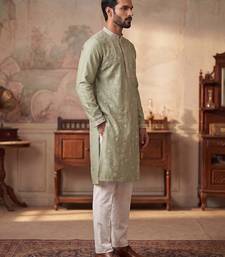 Mens green silk blend solid embroidered kurta