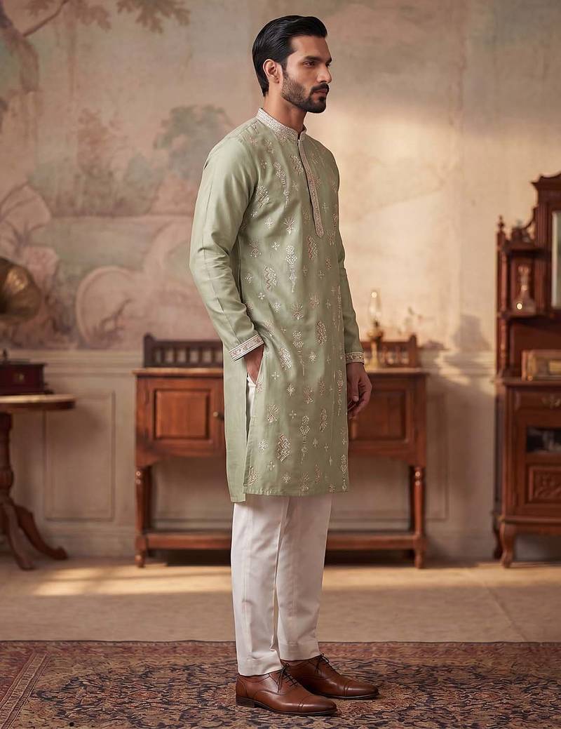 Mens green silk blend solid embroidered kurta