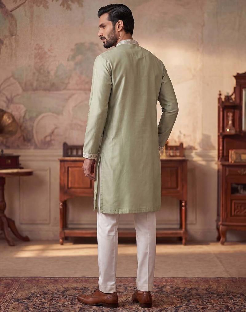 Mens green silk blend solid embroidered kurta