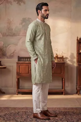 Mens green silk blend solid embroidered kurta