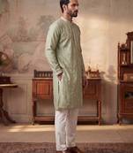 Mens green silk blend solid embroidered kurta