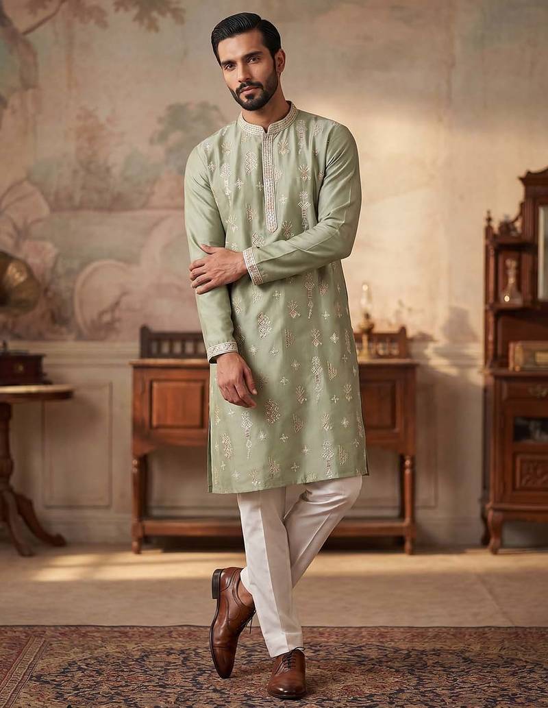 Mens green silk blend solid embroidered kurta
