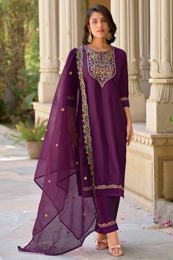 Floral embroidered viscose rayon round neck kurta trouser & dupatta set