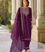 Floral embroidered viscose rayon round neck kurta trouser & dupatta set