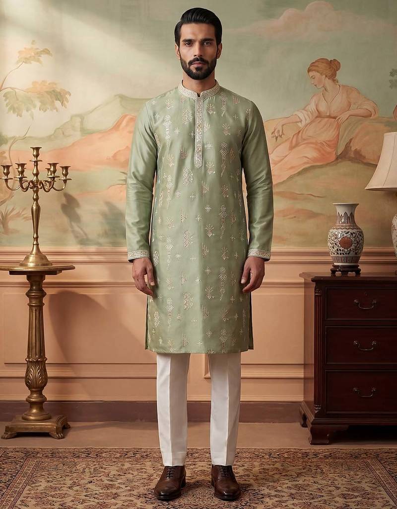 Mens green silk blend solid embroidered kurta