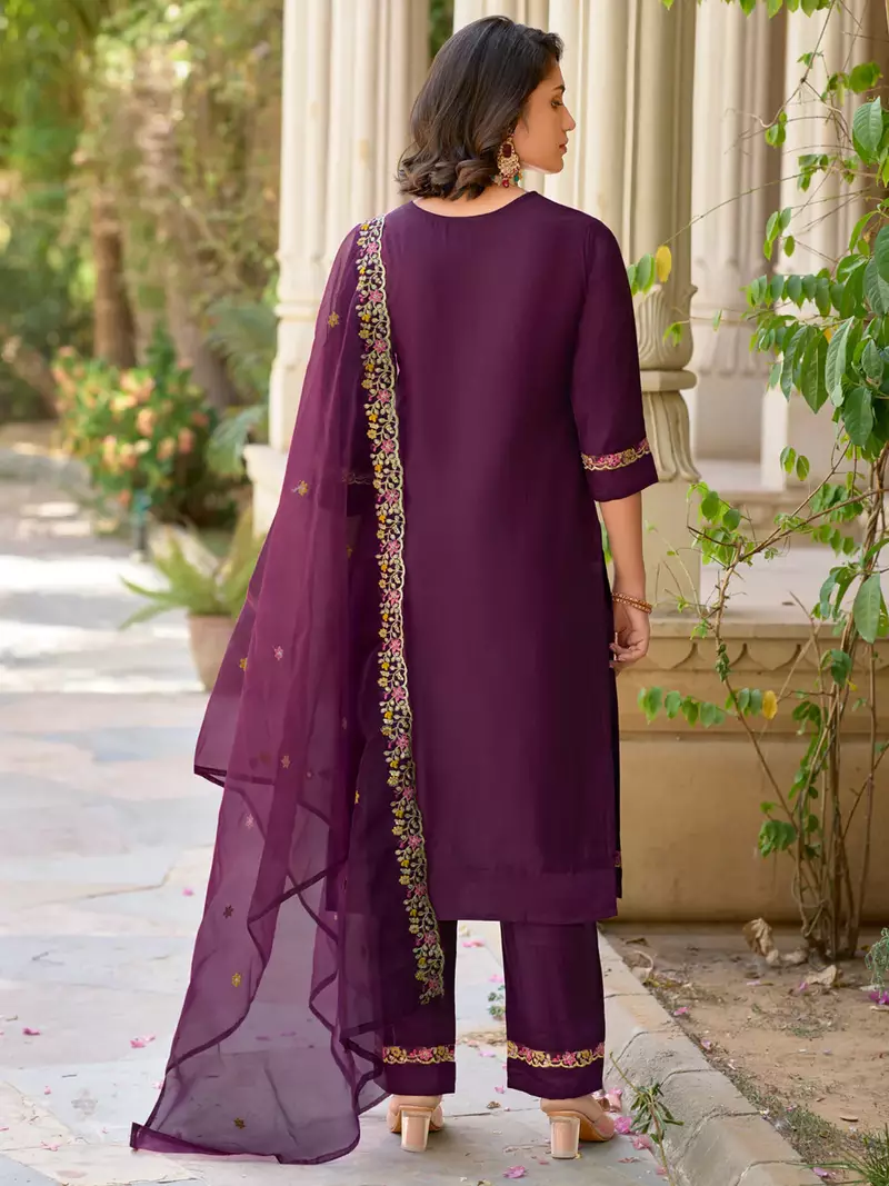 Floral embroidered viscose rayon round neck kurta trouser & dupatta set