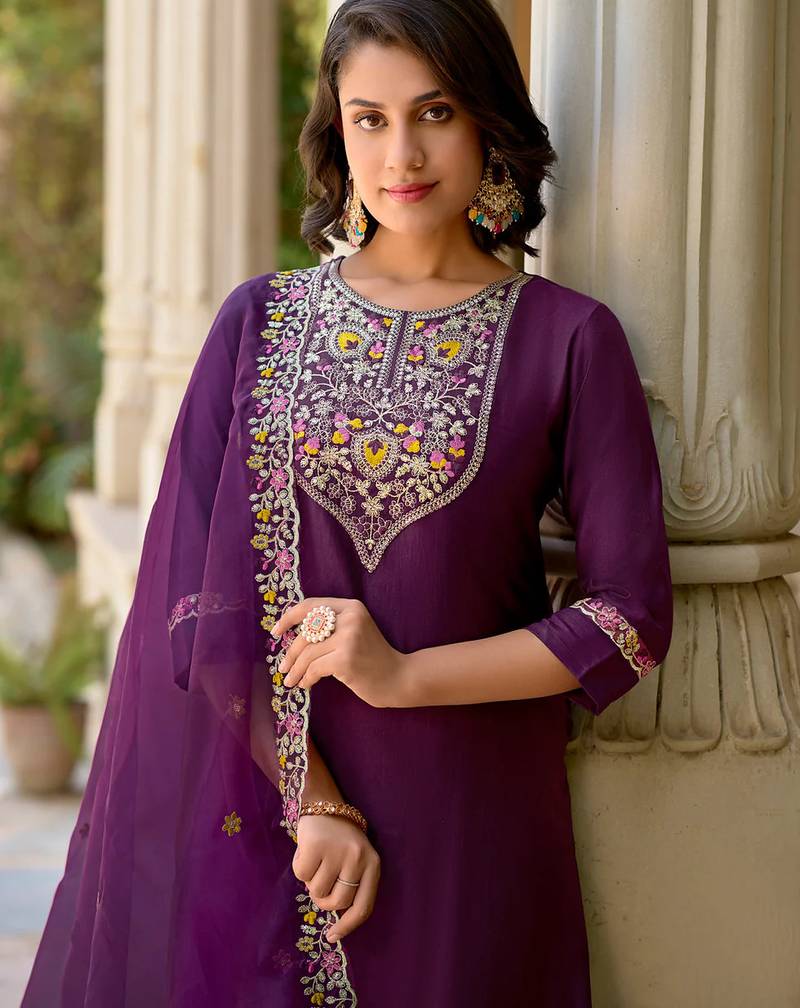 Floral embroidered viscose rayon round neck kurta trouser & dupatta set