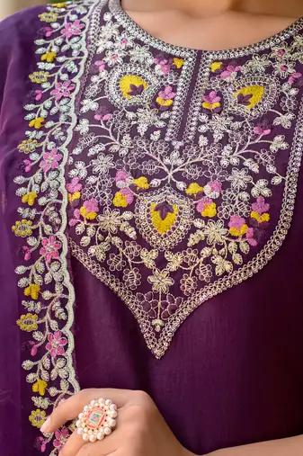 Floral embroidered viscose rayon round neck kurta trouser & dupatta set
