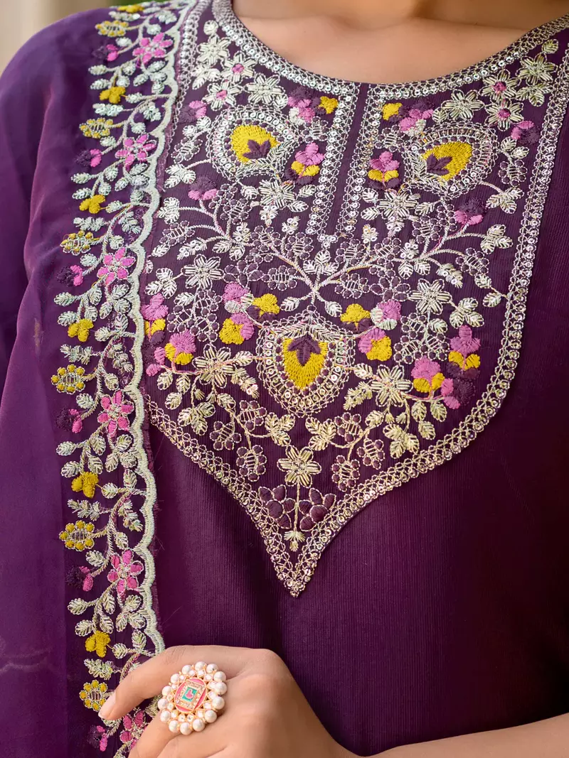 Floral embroidered viscose rayon round neck kurta trouser & dupatta set