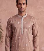 Mens pink silk blend solid embroidered kurta