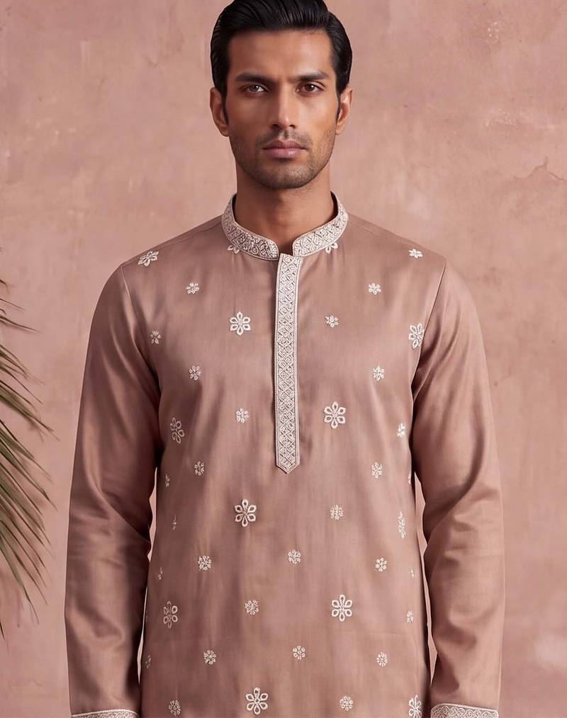 Mens pink silk blend solid embroidered kurta
