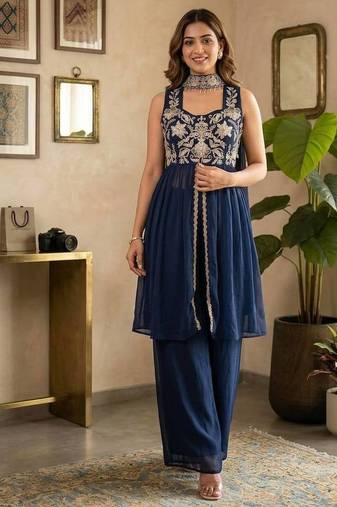 Yellow embroidered top pant set