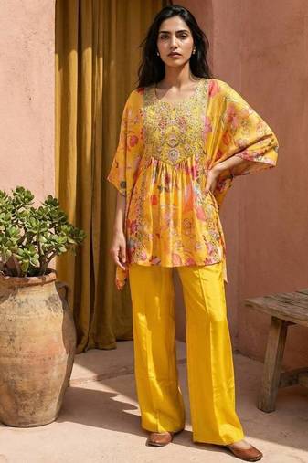 Yellow  embroidered fancy short kaftan tunic set
