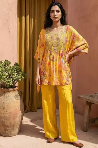 Yellow  embroidered fancy short kaftan tunic set