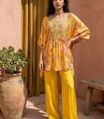 Yellow  embroidered fancy short kaftan tunic set