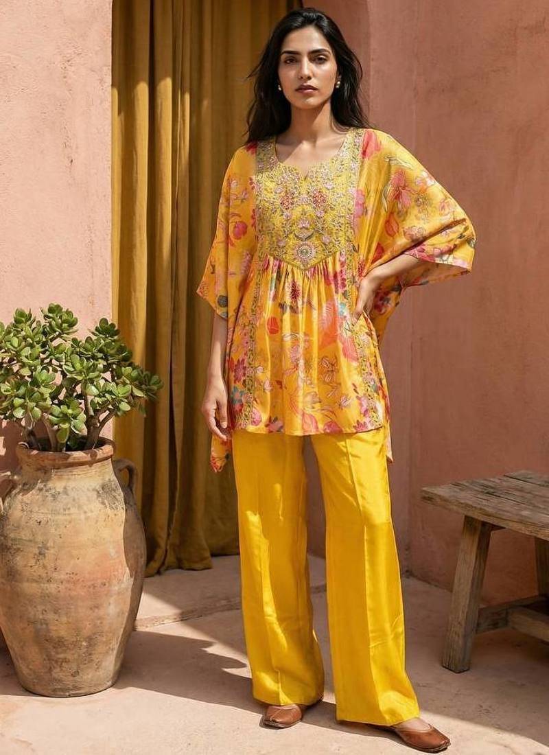 Yellow  embroidered fancy short kaftan tunic set