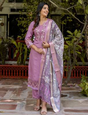 Floral embroidered silk blend blend round neck kurta trouser & dupatta set 1