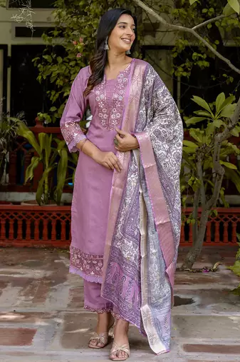 Floral embroidered silk blend round neck kurta trouser & dupatta set