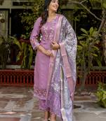 Floral embroidered silk blend round neck kurta trouser & dupatta set