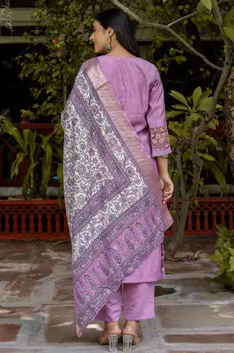 Floral embroidered silk blend blend round neck kurta trouser & dupatta set
