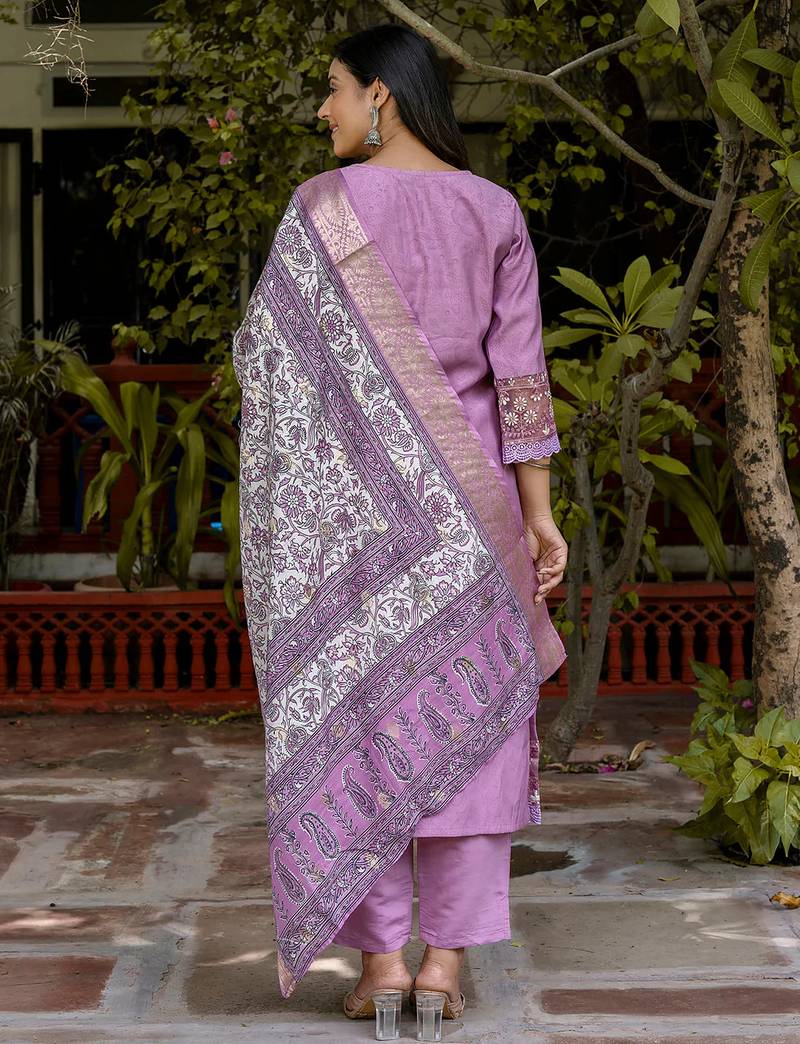 Floral embroidered silk blend round neck kurta trouser & dupatta set