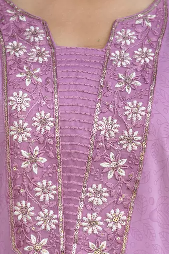 Floral embroidered silk blend blend round neck kurta trouser & dupatta set