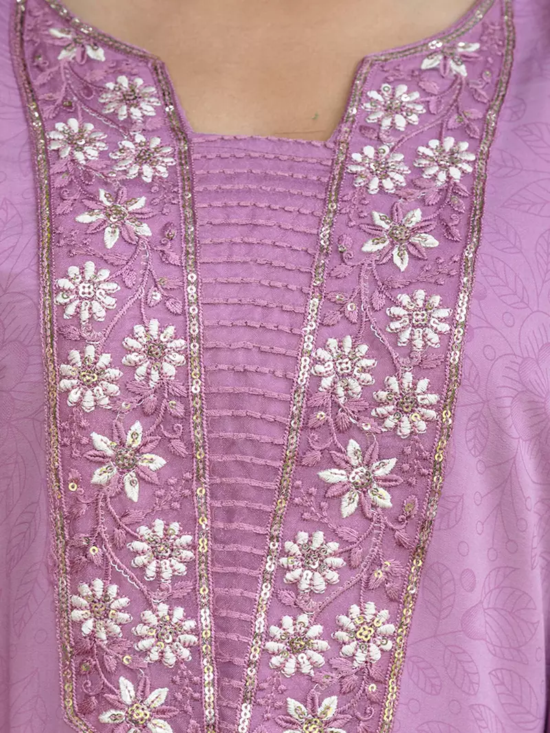 Floral embroidered silk blend round neck kurta trouser & dupatta set