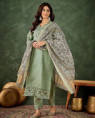 Floral embroidered silk blend blend round neck kurta trouser & dupatta set 1