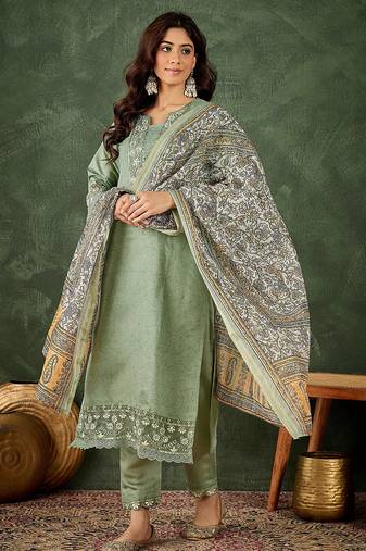 Floral embroidered silk blend round neck kurta trouser & dupatta set