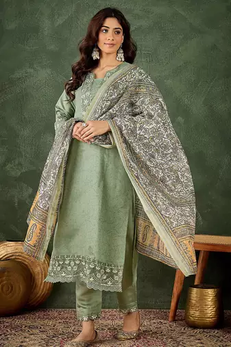 Floral embroidered silk blend round neck kurta trouser & dupatta set