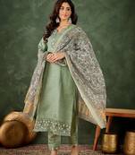 Floral embroidered silk blend round neck kurta trouser & dupatta set