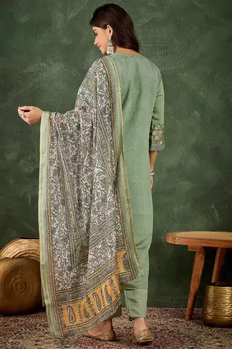 Floral embroidered silk blend blend round neck kurta trouser & dupatta set