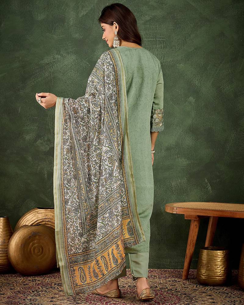 Floral embroidered silk blend round neck kurta trouser & dupatta set