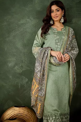 Floral embroidered silk blend blend round neck kurta trouser & dupatta set