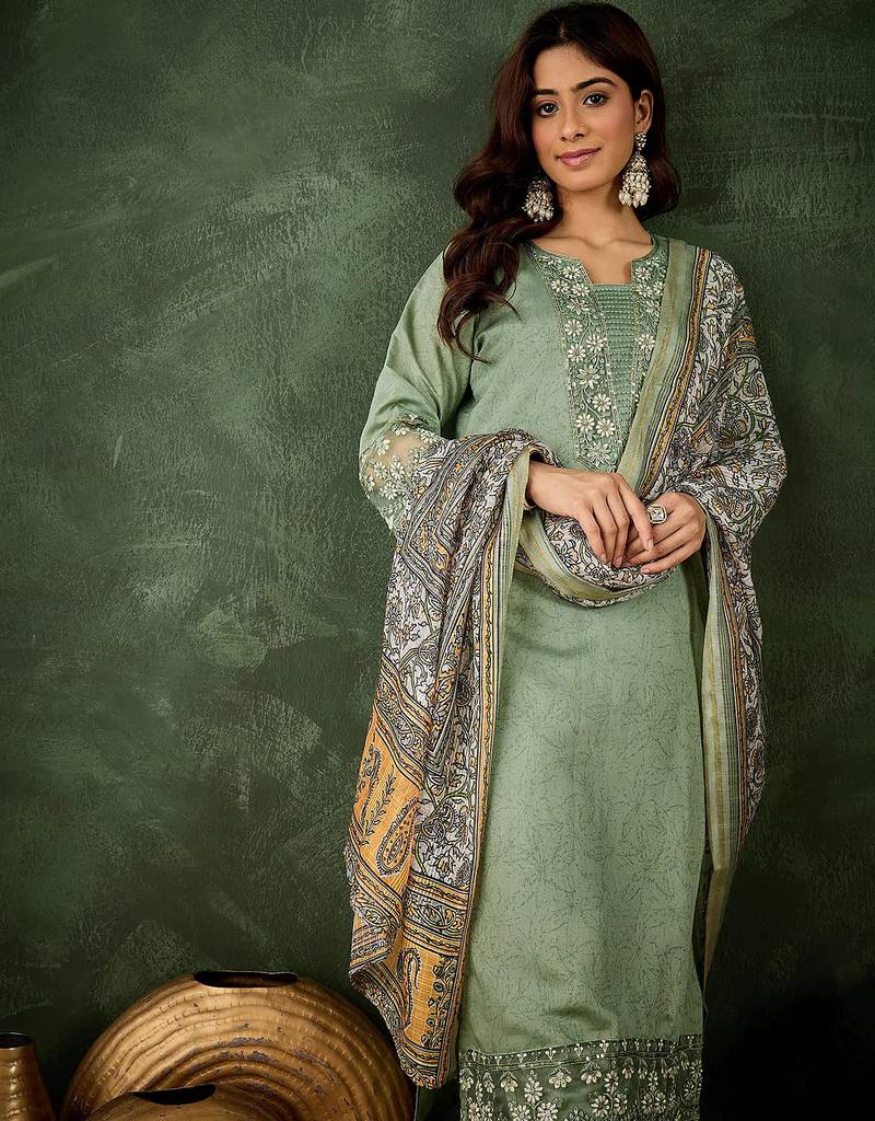 Floral embroidered silk blend round neck kurta trouser & dupatta set