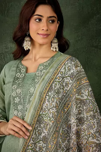 Floral embroidered silk blend blend round neck kurta trouser & dupatta set