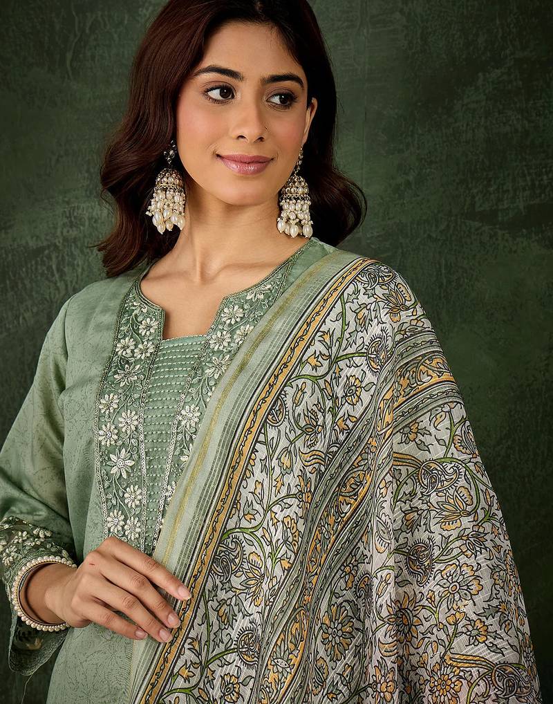 Floral embroidered silk blend round neck kurta trouser & dupatta set