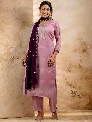 Floral embroidered silk blend blend round neck kurta trouser & dupatta set 1