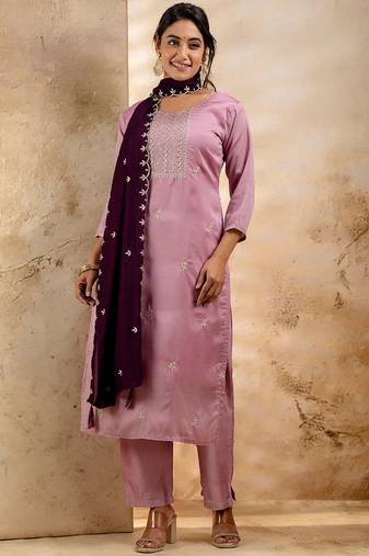 Floral embroidered silk blend round neck kurta trouser & dupatta set