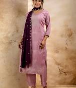 Floral embroidered silk blend round neck kurta trouser & dupatta set