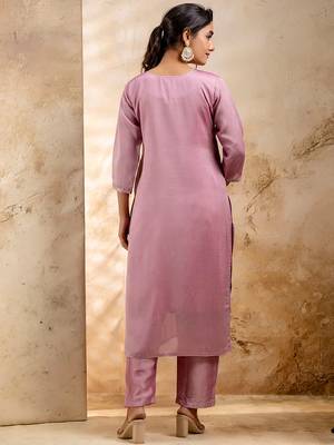 Floral embroidered silk blend blend round neck kurta trouser & dupatta set 2