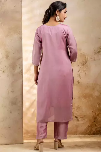 Floral embroidered silk blend blend round neck kurta trouser & dupatta set