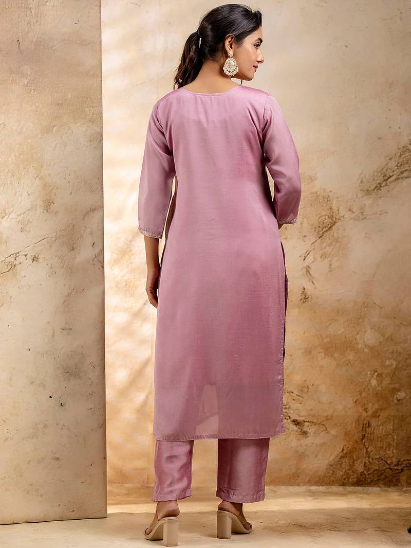 Floral embroidered silk blend round neck kurta trouser & dupatta set